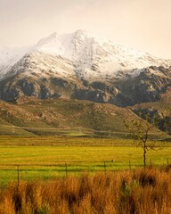 Vertical shot of a snow-covered moutnain with a meadow at the bottom