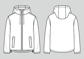 Men's hooded windbreaker jacket. Fashion sketch. Flat technical drawing. Vector illustration. - obrazy, fototapety, plakaty
