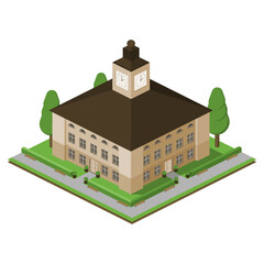 Isometric town hall, city hall with tower and clock. European architecture.