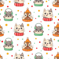 Seamless pattern with Christmas cats heads, merry Christmas illustrations of cute cats with accessories such as knitted hats  and scarves