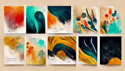 Creative minimal abstract art background with watercolor stain and trendy set of abstract creative minimal artistic compositions. Design for wall decoration, postcard, poster or brochure