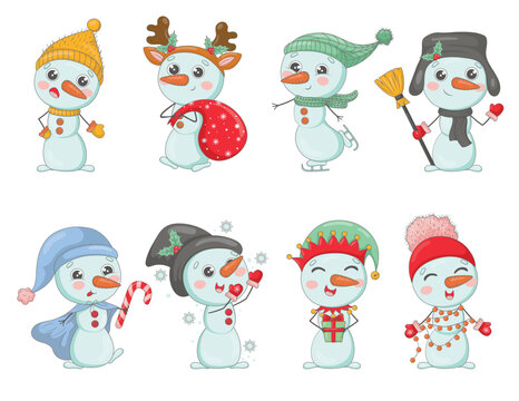 Bundle of cute cartoon snowmen in knitted hats and scarves with Christmas gifts, snowflakes, holly, dressed as New Year characters