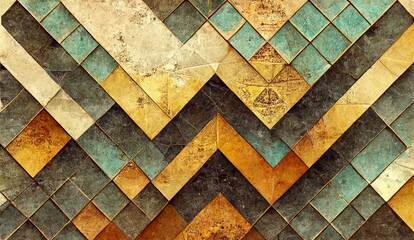 Triangular Steampunk Plates. Ornate abstract 3D gradient background with geometric pattern and rusty rectangles. Background image abstract. Illustration, 3D digital art rendering.