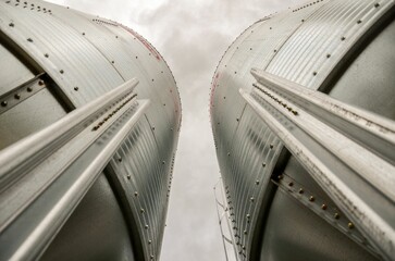 Low angle of the aluminum surface of grain silos on a farm captured against a grey sky © Picardo Photography/Wirestock Creators