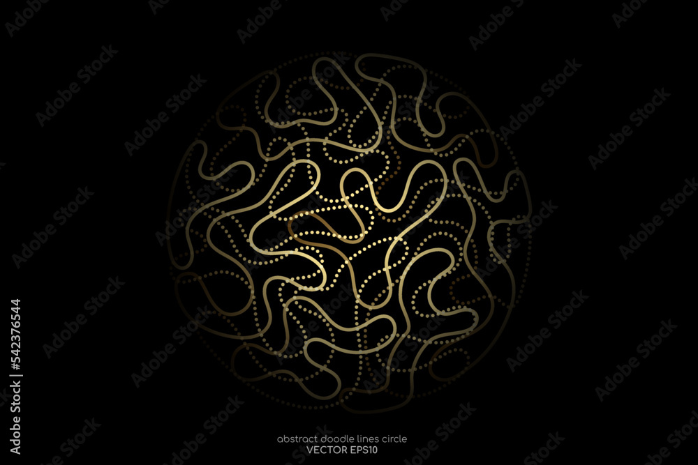 Poster Abstract doodle line in circle sphere shape by gold light line like brain isolated on black background. Vector 3D illustration in concept of modern, luxury, creative, brain, A.I. technology.