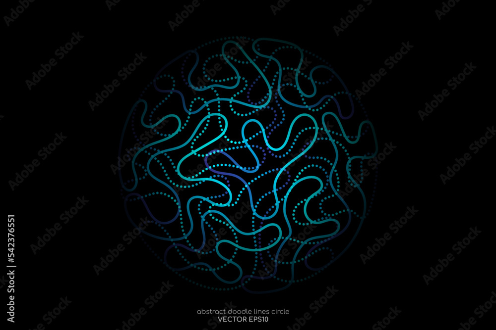 Poster abstract doodle line in circle sphere shape by blue green light line like brain isolated on black ba
