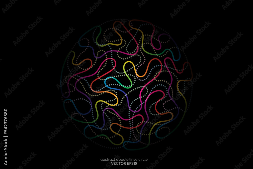 Aufkleber Abstract doodle line in circle sphere shape by colorful spectrum light line like brain isolated on black background. Vector 3D illustration in concept of modern, creative, brain, A.I. technology.