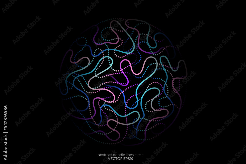 Poster abstract doodle line in circle sphere shape by blue green light line like brain isolated on black ba