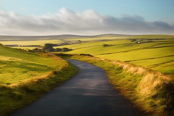 A winding road through moorland. 