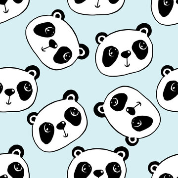 Cute Panda Seamless Pattern, Animal blue Background with white black China bear for Kids © Evgeniya Sheydt