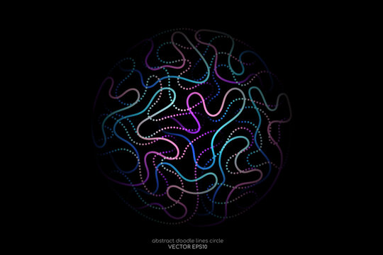 Abstract doodle line in circle sphere shape by blue green light line like brain isolated on black background. Vector 3D illustration in concept of modern, creative, brain, A.I. technology.