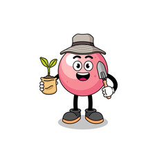 Illustration of gum ball cartoon holding a plant seed