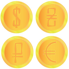 Coins set. Dollar, hryvnia, ruble, euro.