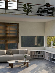 Modern urban contemporary home living room with mezzanine space interior design - obrazy, fototapety, plakaty