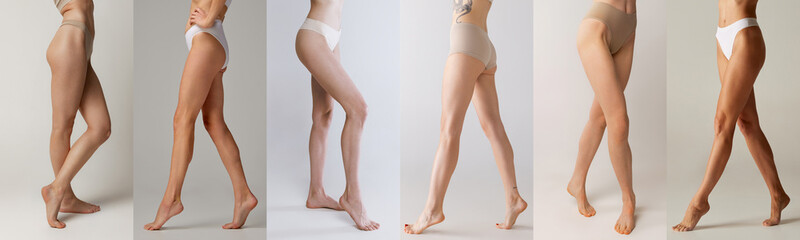 Collage. Images of female legs, pale and tanned over grey background. Smooth skin. Anti-cellulite...