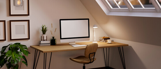 Modern minimal home office in attic room with PC computer mockup on wood table