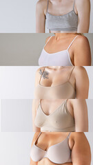 Collage. Cropped image of female breast in bra over white grey background. Female health care. Mammoplasty
