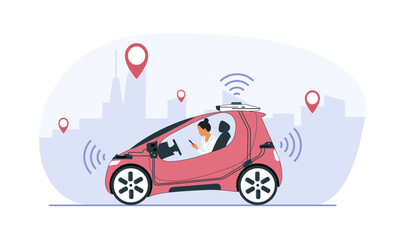 Fototapeta premium Self-driving car with a woman rides around the city. Vector illustration.
