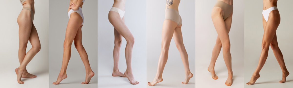 Collage. Images of female legs, pale and tanned over grey background. Smooth skin. Anti-cellulite treatment, depilation, epilation, laser cosmetology