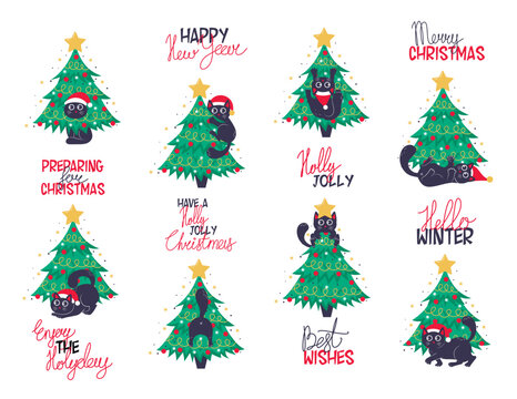 bundle of funny kawaii cats playing and climbing a decorated christmas trees and new year slogans lettering in flat style isolated on white background