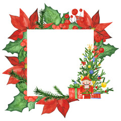 Poinsettia, Christmas tree, nutcracker, drums, and gift box frame clipart. Christmas square template isolated. Red and green watercolor floral frame with empty space in the center.