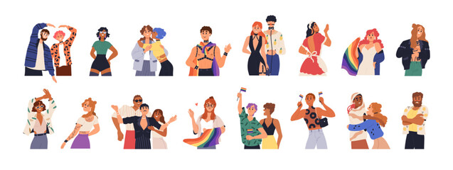 LGBT people set. LGBTQ, homosexual, heterosexual couples, men, women, trangenders. Diverse love, sexual fetishes, gay and lesbian relationships. Flat vector illustrations isolated on white background - obrazy, fototapety, plakaty