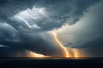 Obraz premium A dramatic overcast sky. Thunder and lightning. Suitable for scenes of alien invasion, hell, apocalypse etc. 