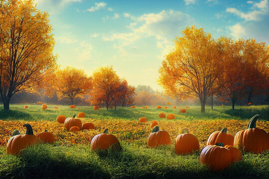 field with orange pumpkins at sunset wallpaper background.