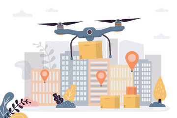Drone delivers boxes of goods. Fast delivery technology. City with navigation pointers. E-commerce, contactless transfer of purchases. Delivery service, shipment, cargo. Copter fly with parcel.