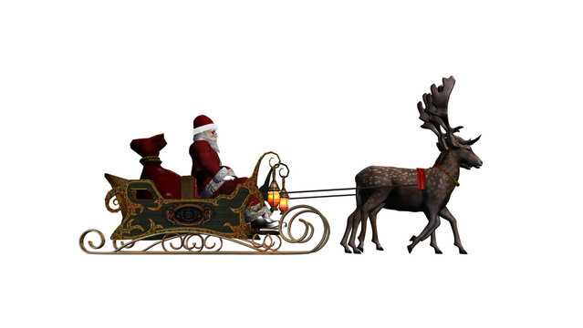Santa Claus with sleigh and reindeer on transparent background - 3D Illustration