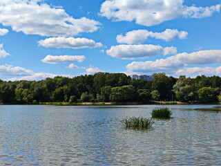 Obraz premium Low clouds over the banks of the Ivankovsky Pond in Moscow