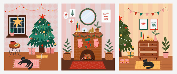 Plakat Set of Christmas posters with decorated home interior. Cozy winter holiday rooms in flat cartoon style. Vector New Year festive card.