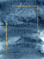 Watercolor dark blue background with gold frame. Beautiful indigo and gold texture. Hand drawn high resolution texture for posters, postcards, prints, invitations and other design.