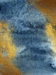 Watercolor dark blue background with gold paint. Beautiful indigo and gold texture. Hand drawn high resolution texture for posters, postcards, prints, invitations, and other design.