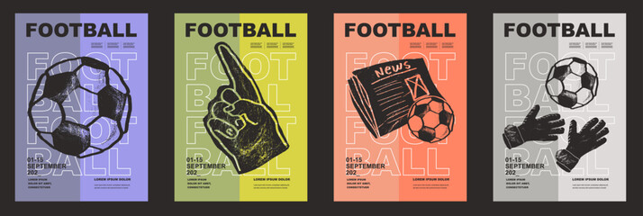 Template Sport Layout Design, soccer football. Football league tournament poster vector illustration. Ball with fan hand attribute, news, newspaper, gloves, hand football pitch background.