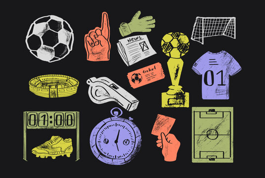 Association football or soccer engraving, ink set. Vector drawing isolated on black background.