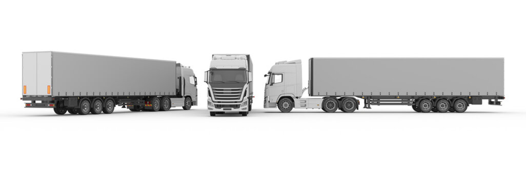 Container Truck set front, back, and side view mockup for advertising Isolated on white background, Large white truck with a semitrailer. Template for placing graphics. 3d rendering