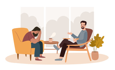 Psychologist visit concept. Depressed woman at the therapy session. Counseling.