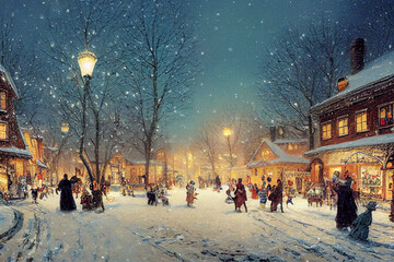 Christmas card illustration vintage style, oil pastel hand-painted style ai generated, village with people celebrating Christmas on a snowy day, happiness