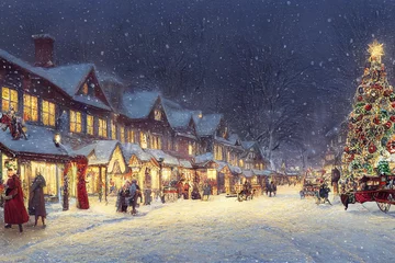 Papier Peint photo Rétro Illustration de carte de Noël style vintage, style pastel à l& 39 huile peint à la main ai généré, village avec des gens célébrant Noël un jour de neige, bonheur