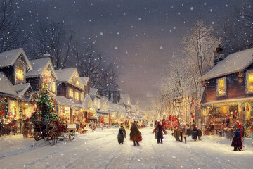 Christmas card illustration vintage style, oil pastel hand-painted style ai generated, village with people celebrating Christmas on a snowy day, happiness