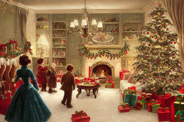 Kerstkaart illustratie vintage stijl, oliepastel handgeschilderde stijl ai gegenereerd, interieur met familie die Kerstmis viert in de woonkamer, kerstboom met cadeautjes en decoraties
