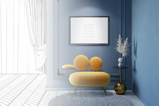 A sketch becomes a classic dark blue interior with a horizontal poster above the original orange armchair, feathers in a vase on the decorative table, and black curtains in the background. 3d render