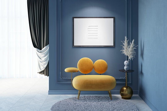 A classic dark blue interior with the illuminated horizontal poster above the original orange armchair, feathers in a vase on the decorative table, and black curtains in the background. 3d render
