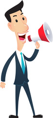Character businessman posture holding megaphone.