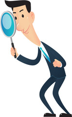 Character businessman posture looking magnifying glass.
