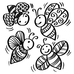 Cartoon zentangle bee hand drawing illustration.