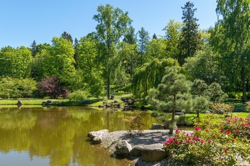 Scenic Japanese Garden against the lake in Kadriorg Park, Tallinn, Estonia