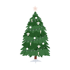 Traditional Xmas tree decorated with festive baubles, garland. Christmas holiday fir with angel, ball ornament, star. Artificial spruce on stand. Flat vector illustration isolated on white background