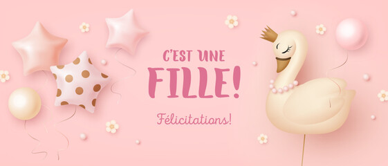 Fototapeta na wymiar Baby shower horizontal banner with cartoon swan and helium balloons on pink background. French lettering. Translation from French It's a girl. Vector illustration